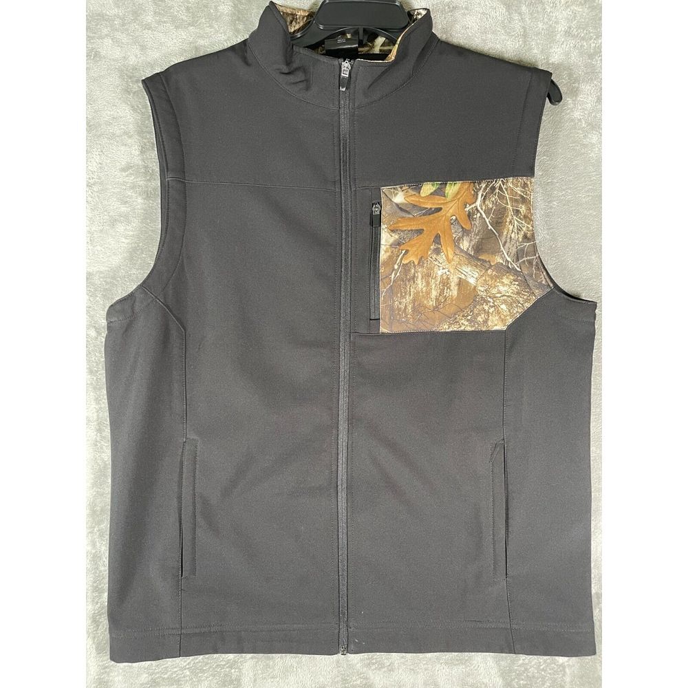 Realtree Mens Vest Black Fleece Lined Stretch‎ Camo Panel Collared Size XL